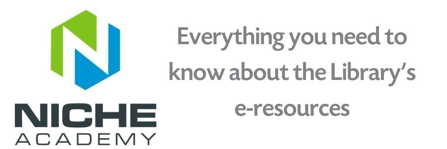 A white field with a green and blue logo, and grey text that reads Niche Academy: Everything you need to know about the Library's e-resources