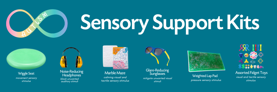 Sensory Support Kits for Autism Acceptance Month. Picture of a wiggle seat for movement sensory stimulus; noise-reducing headphones to block unwanted auditory stimuli; marble maze for calming visual and tactile sensory stimulus; glare-reducing sunglasses to mitigate unwanted visual stimuli; weighted lap pad for pressure sensory stimulus; assorted fidget toys for visual and tactile sensory stimulus; and more items.